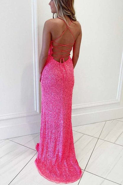 omberprom Elegant Hot Pink Evening Dress Sequins Mermaid Long Prom Dress