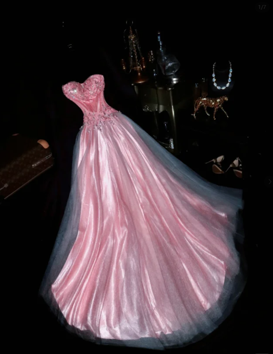 Pretty Pink Tulle Satin Appliques Mermaid Long Party Dress Prom Gown ,Strapless Wedding Guest Dress SP1417