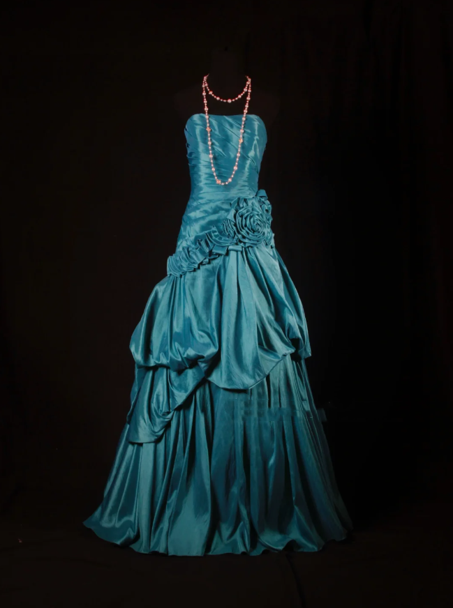 Vintage Strapless Blue Green Satin Pleated Floral Mermaid Long Party Dress Evening Gown