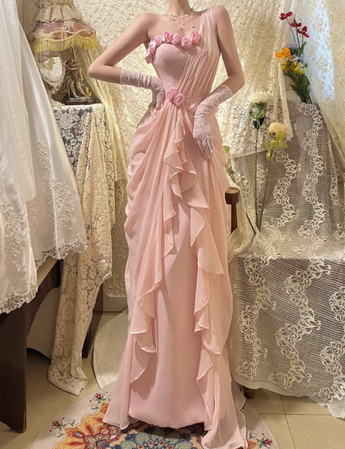 Pretty Pink Chiffon Pleated One Shoulder Mermaid Long Party Dress Evening Gown With Flowers