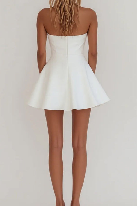 Simple A-Line Strapless Zipper Back Mini Satin White Graduation Dress