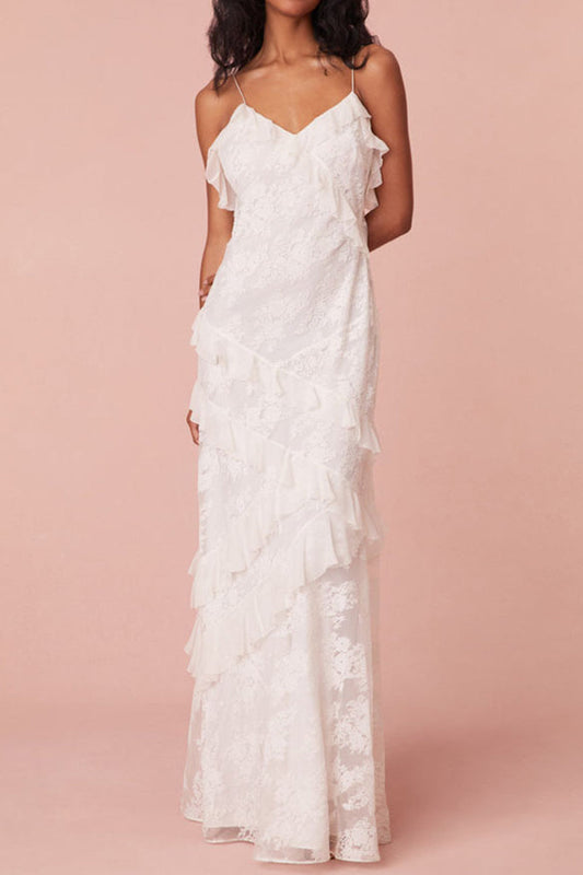 White Sheath Spaghetti Straps Backless Long Dress with Ruffles Graduation Dress