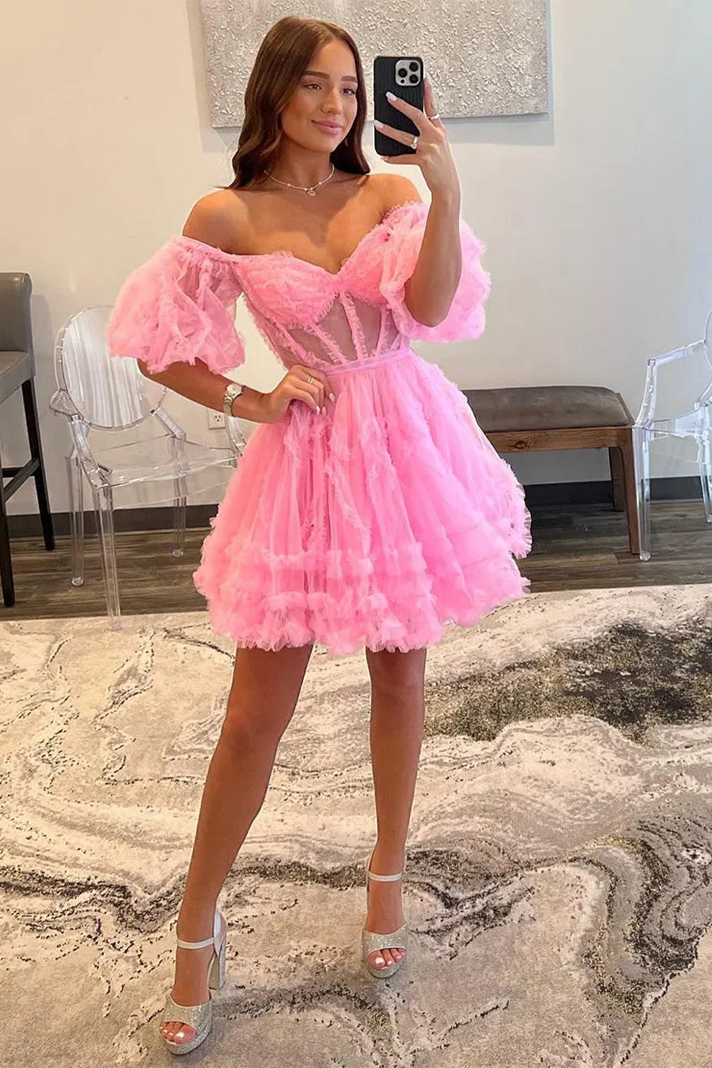 Elegant Short Tulle Homecoming Dress with Off The Shoulder Neckline and A Line Silhouette
