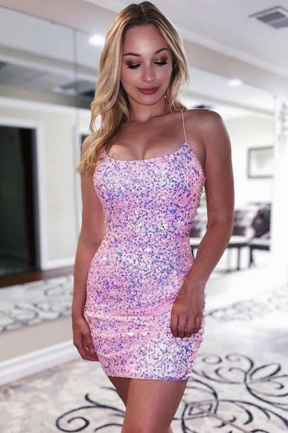 Stunning Royal Blue Lace Up Spaghetti Straps Glitter Sequin Tight Dress Homecoming Dress