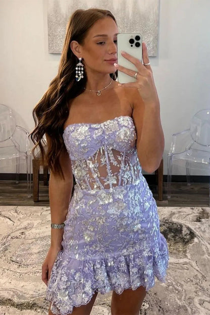 Gorgeous Lilac Strapless Sparkly Tight Short Dress with Sequin Accents Homecoming Dress