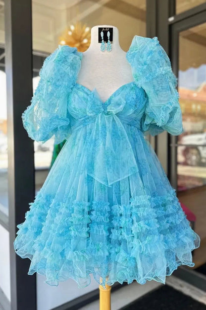Charming A-Line Silhouette with Puff Sleeves and Floral Tulle Layers Homecoming Dress