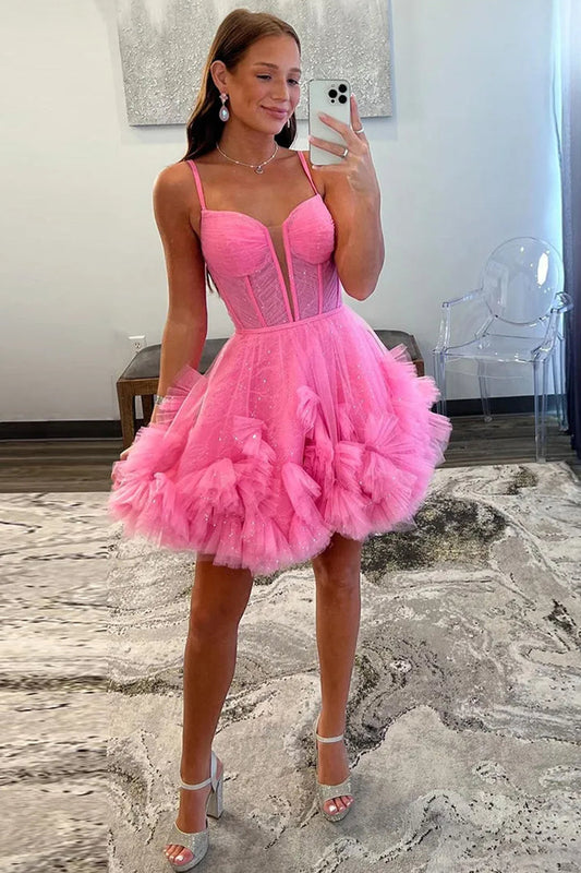 Cute A-Line Tulle Dress with Spaghetti Straps Lace-Up Back and Ruffle Detail Homecoming Dress