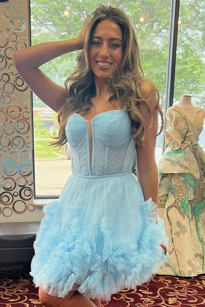 Cute A-Line Tulle Dress with Spaghetti Straps Lace-Up Back and Ruffle Detail Homecoming Dress