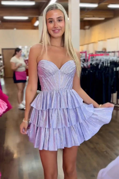 Gorgeous A-Line Silhouette with Sweetheart Neckline and Tiered Beaded Skirt Homecoming Dress