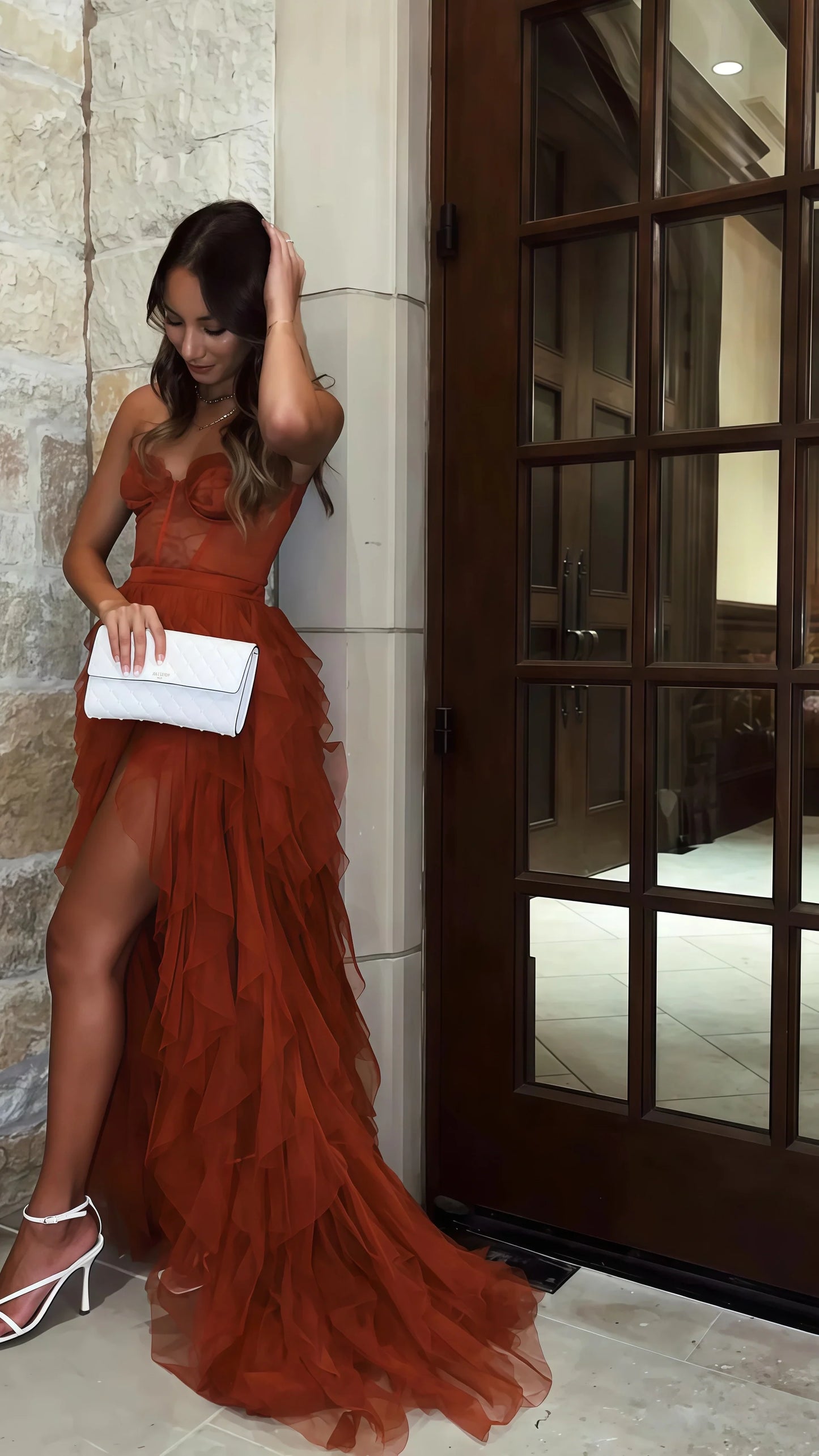 PM076,Rust Red Sweetheart High Low Tiered Formal Dress,Tulle Long Evening Prom Dresses