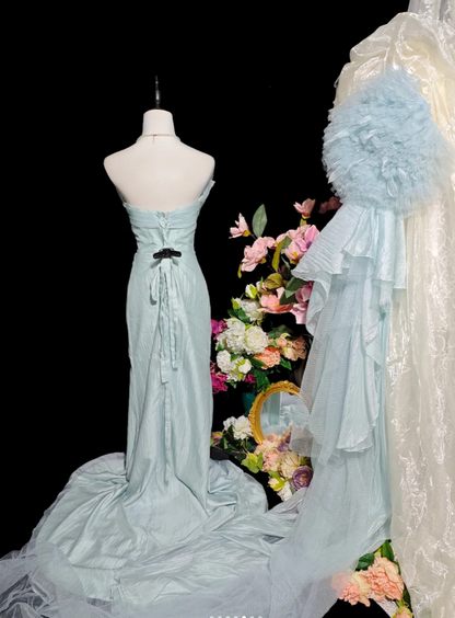 Charming Strapless Blue Tulle Mermaid Long Party Dress Birthday Prom Gown