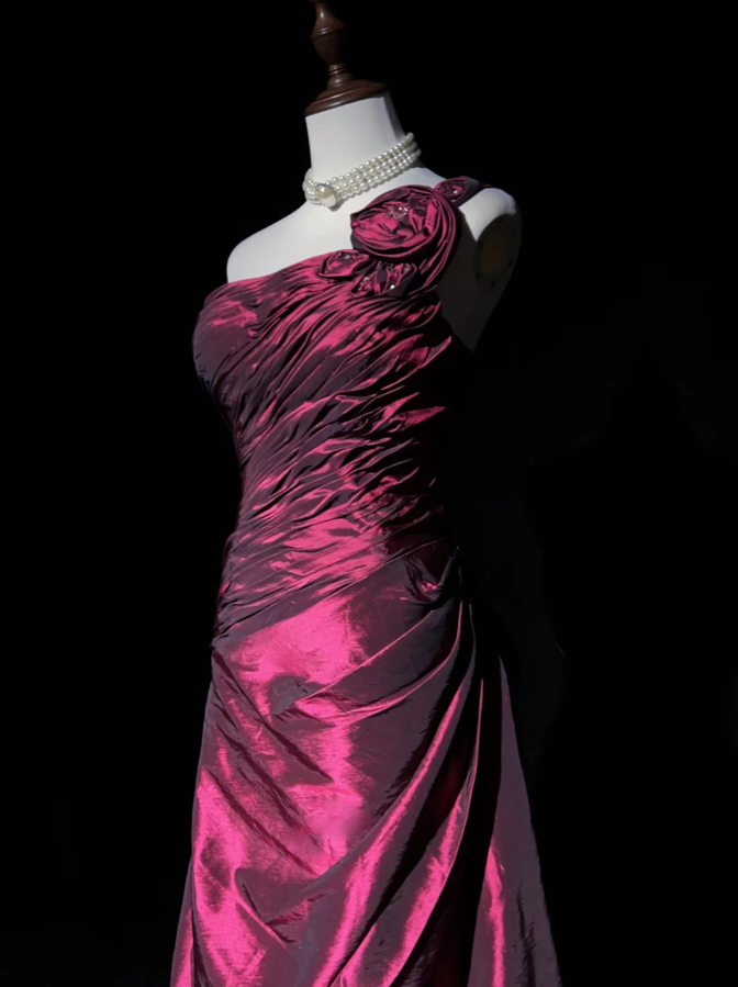 Retro One Shoulder Burgundy Satin Pleated Long Prom Dress Evening Gown SP1968