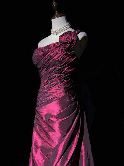 Retro One Shoulder Burgundy Satin Pleated Long Prom Dress Evening Gown SP1968