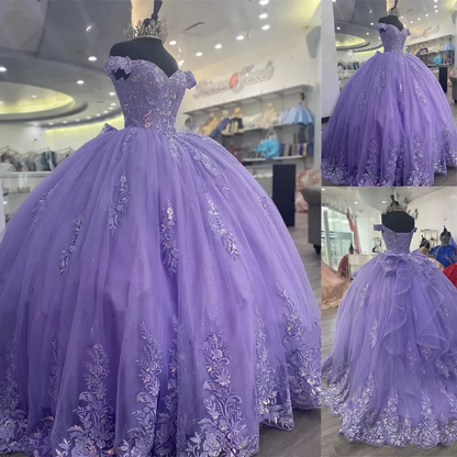 Lilac Corset Mexican Quinceanera Dress Ball Gown,Appliques Lace Birthday Dress Y1476