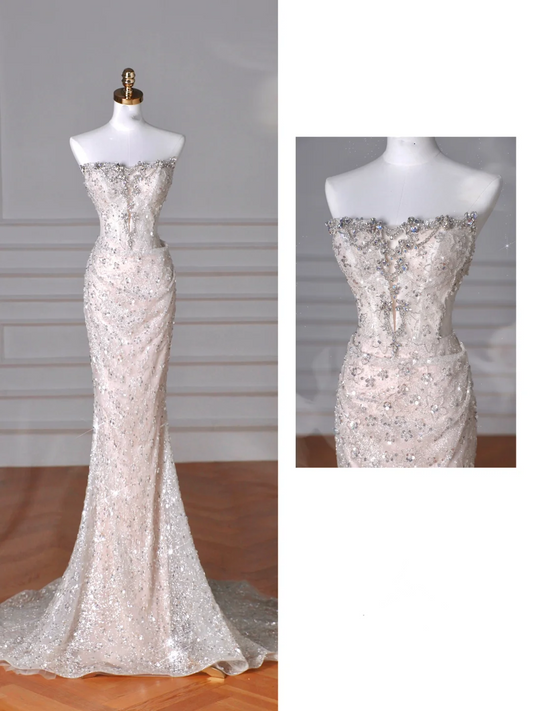 Sparkly Strapless Tulle Sequins Mermaid Prom Dress Long Evening Dress Y8616