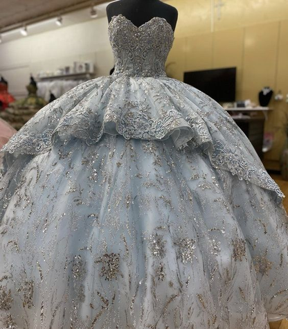 Handmade Smoke Blue Flowers Quinceanera Dress Sleeveless Appliques Ball Gown Sweet 16 Dress Y6294