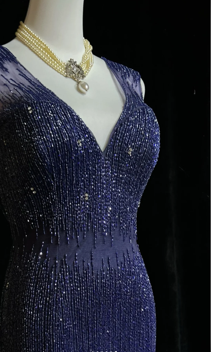 Gorgeous V Neck Dark Purple Tulle Beaded Mermaid Long Evening Dress Backless Prom Gown SP1963