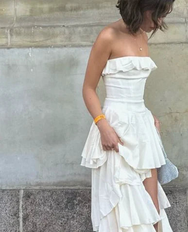 Enchanting White Strapless Ruffles High Slit Long Prom Dress Evening Dress TP4316