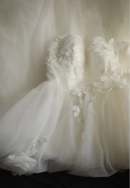 Fairy Strapless Tulle Appliqued Ball Gown White Long Wedding Dress