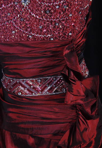 Elegant Strapless Satin Beaded Party Dress Burgundy Mermaid Long Prom Gown