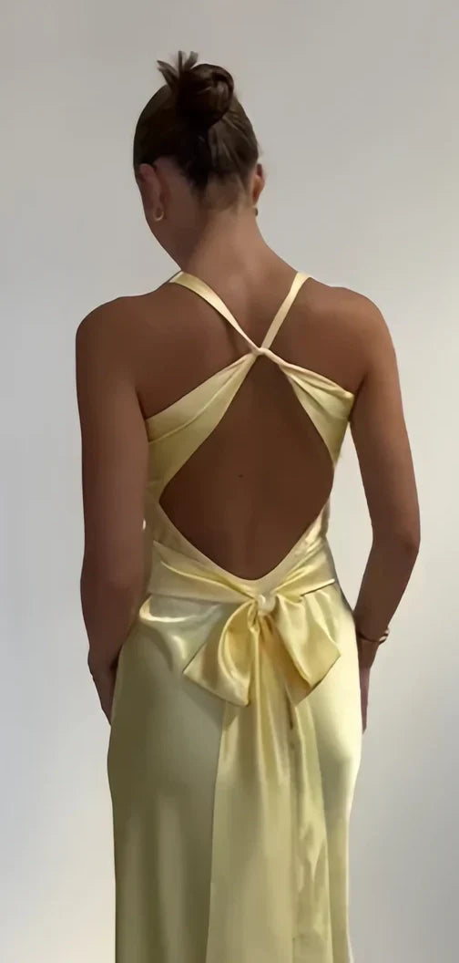 Pastel Yellow V-Neck Mermaid Prom Dress - Long Evening Party Gown