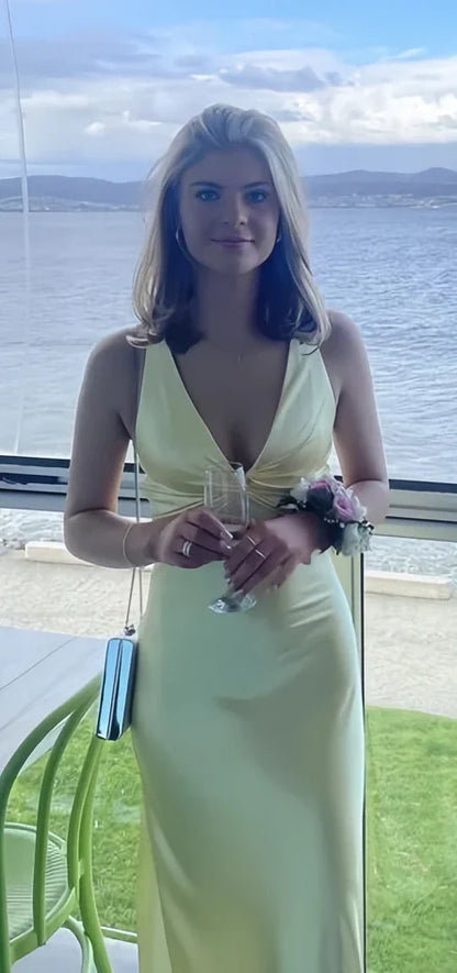 Pastel Yellow V-Neck Mermaid Prom Dress - Long Evening Party Gown