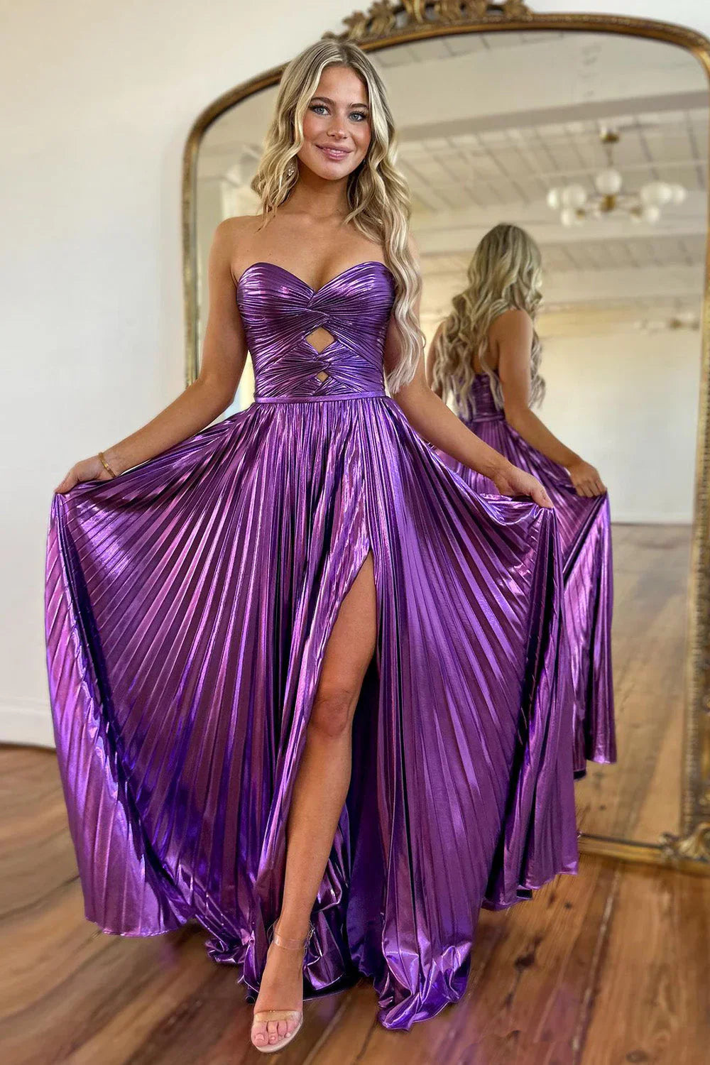 Peacock Blue Metallic A-Line Prom Dress with Sweetheart Neckline and Slit