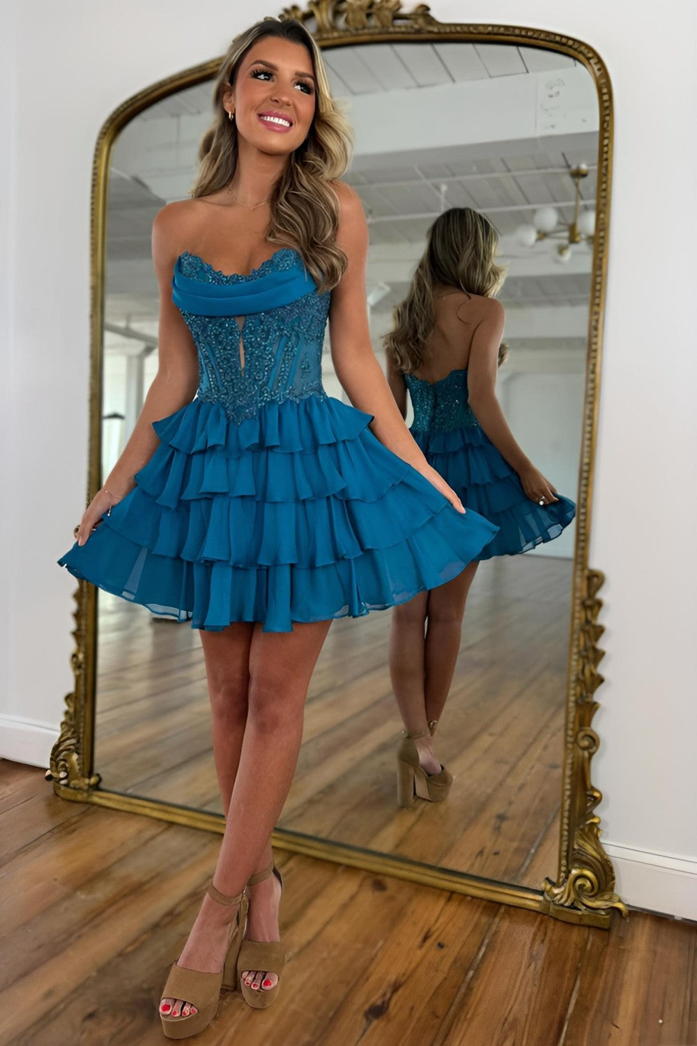 Peacock Strapless Lace Corset Bodice Chiffon Ruffle Skirt Cocktail Dress