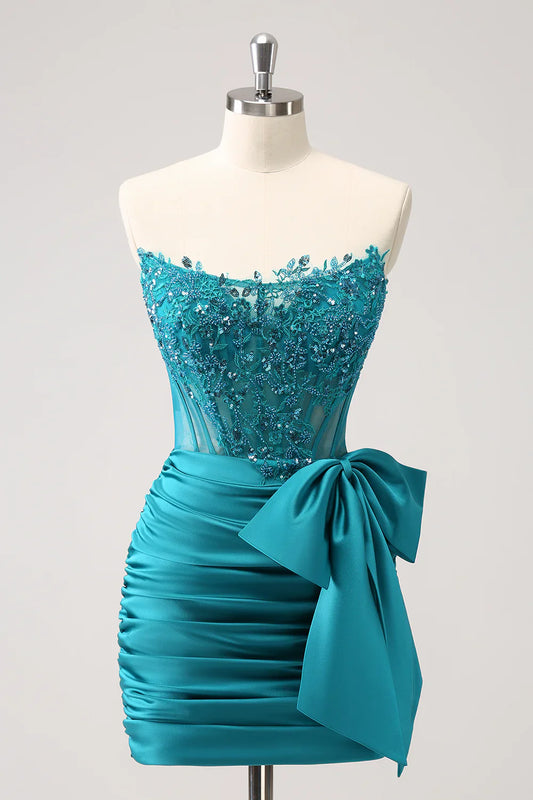 omberprom Navy Sheath Homecoming Dress Strapless Sleeveless Pleated Short Prom Dress with Bow