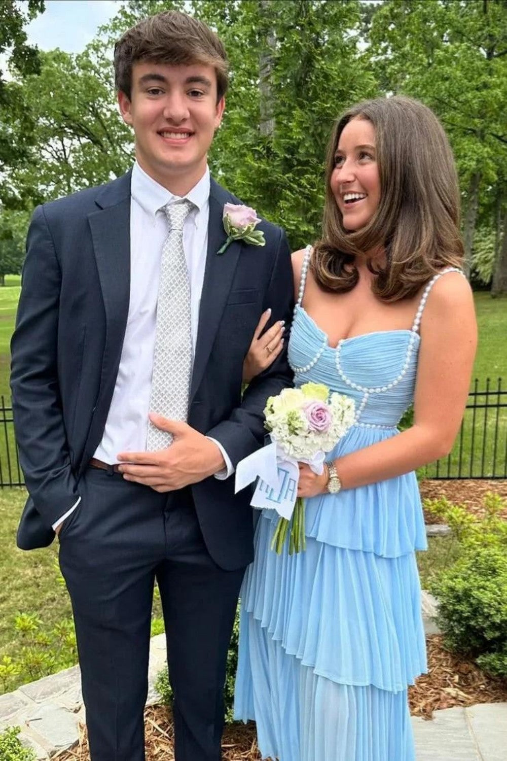 Pearl Embellished Light Blue Flowy Pleated Prom Dress with Chiffon Skirt