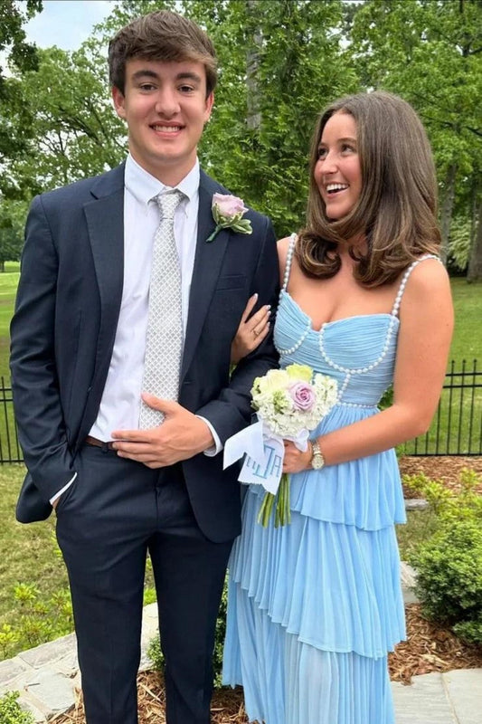 Pearl Embellished Light Blue Flowy Pleated Prom Dress with Chiffon Skirt