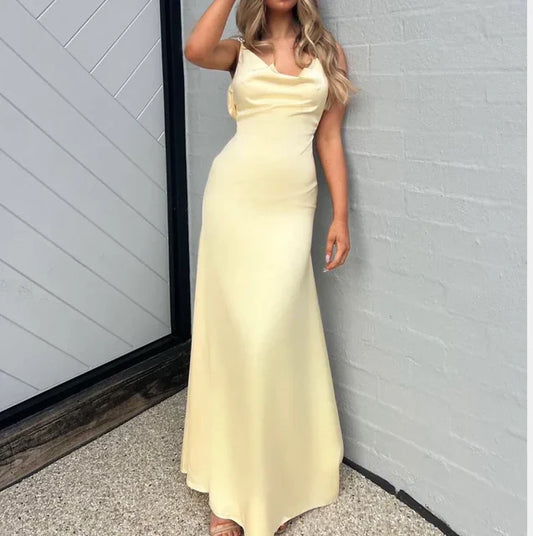 Pearl Straps Pastel Yellow Satin Long Prom Dress - Backless Birthday Gown