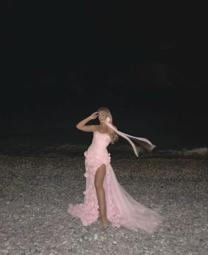 Pink 3D Floral Mermaid Tulle Long Prom Dress, AST918