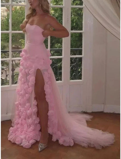 Pink 3D Floral Mermaid Tulle Long Prom Dress, AST918