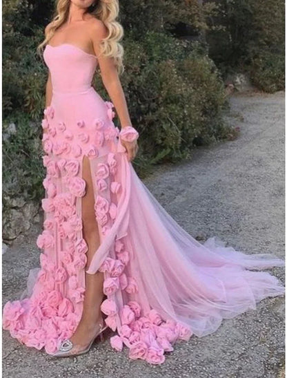 Pink 3D Floral Mermaid Tulle Long Prom Dress, AST918