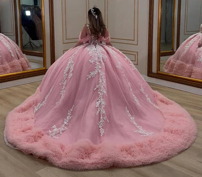 Pink Birthday Party Dresses, Tulle Quinceanera Dress, Appliques Sweet 16 Ball Gown,AST2118