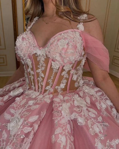 Pink Birthday Party Dresses, Tulle Quinceanera Dress, Appliques Sweet 16 Ball Gown,AST2118