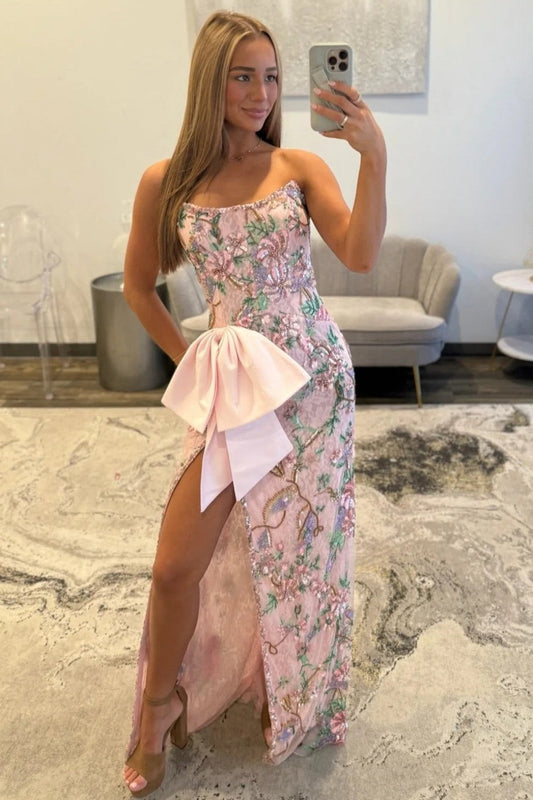 Pink Floral Embroidered Strapless Corset Prom Dress with Bow Detail and High Slit