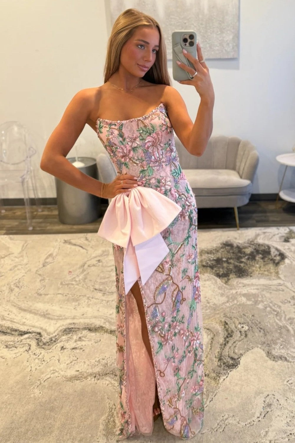 Pink Floral Embroidered Strapless Corset Prom Dress with Bow Detail and High Slit