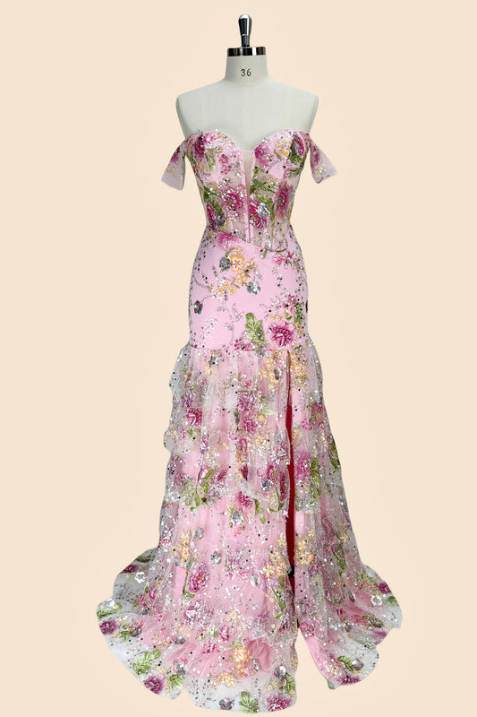 Pink Floral Off Shoulder Corset Mermaid Prom Dress with Slit and Lace Up Back