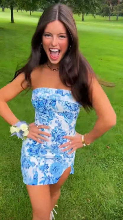 Strapless Floral Homecoming Dresses Mini Party Dress Graduation Dress,AST2090