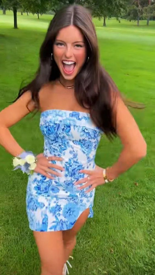 Strapless Floral Homecoming Dresses Mini Party Dress Graduation Dress,AST2090