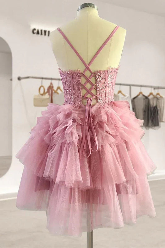 Fashion Pink Lace Ruffled Hem Design Homecoming Dresses Tiered Mini Party Dress TP3514