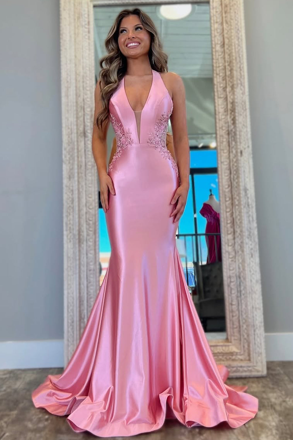 Pink Mermaid Prom Dress with Deep V-Neck Backless Long Satin and Appliques