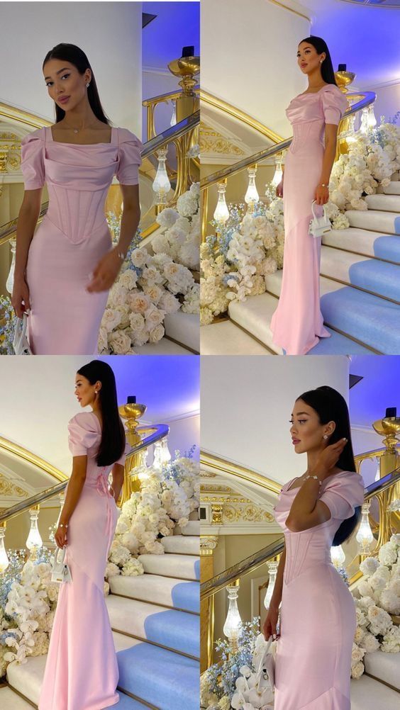 Pink Mermaid Satin Prom Dresses Formal Evening Party Dress,AST2263