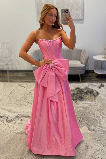 Pink Satin Corset Prom Dress with Neckline Pearl Trim & Oversized Bow