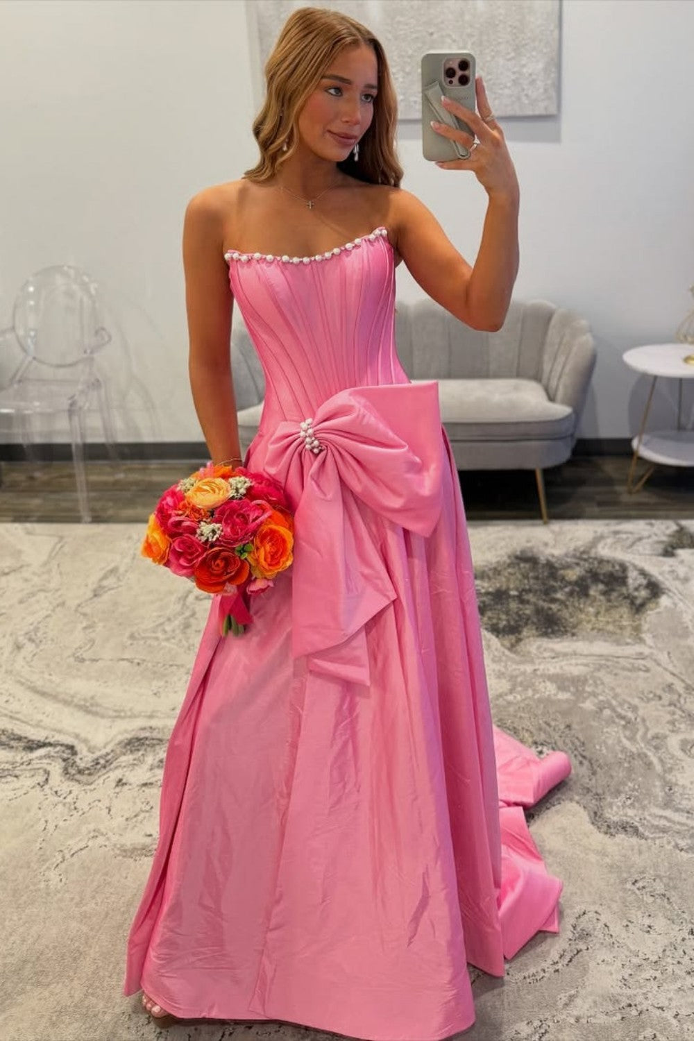 Pink Satin Corset Prom Dress with Neckline Pearl Trim & Oversized Bow