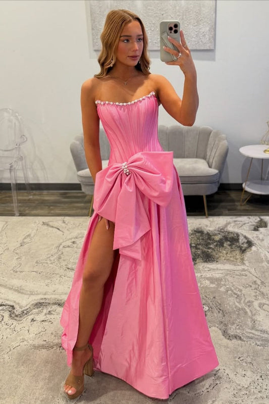 Pink Strapless Satin Prom Dress with Corset Bodice and Bow