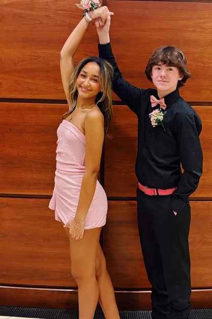 Pink Strapless Sequin Ruched Mini Homecoming Dress with Side Drape Detail