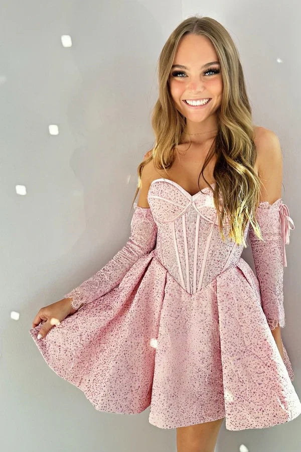 Fashion Pink Sweetheart Design Floral Short Strapless Homecoming Dress TP3545